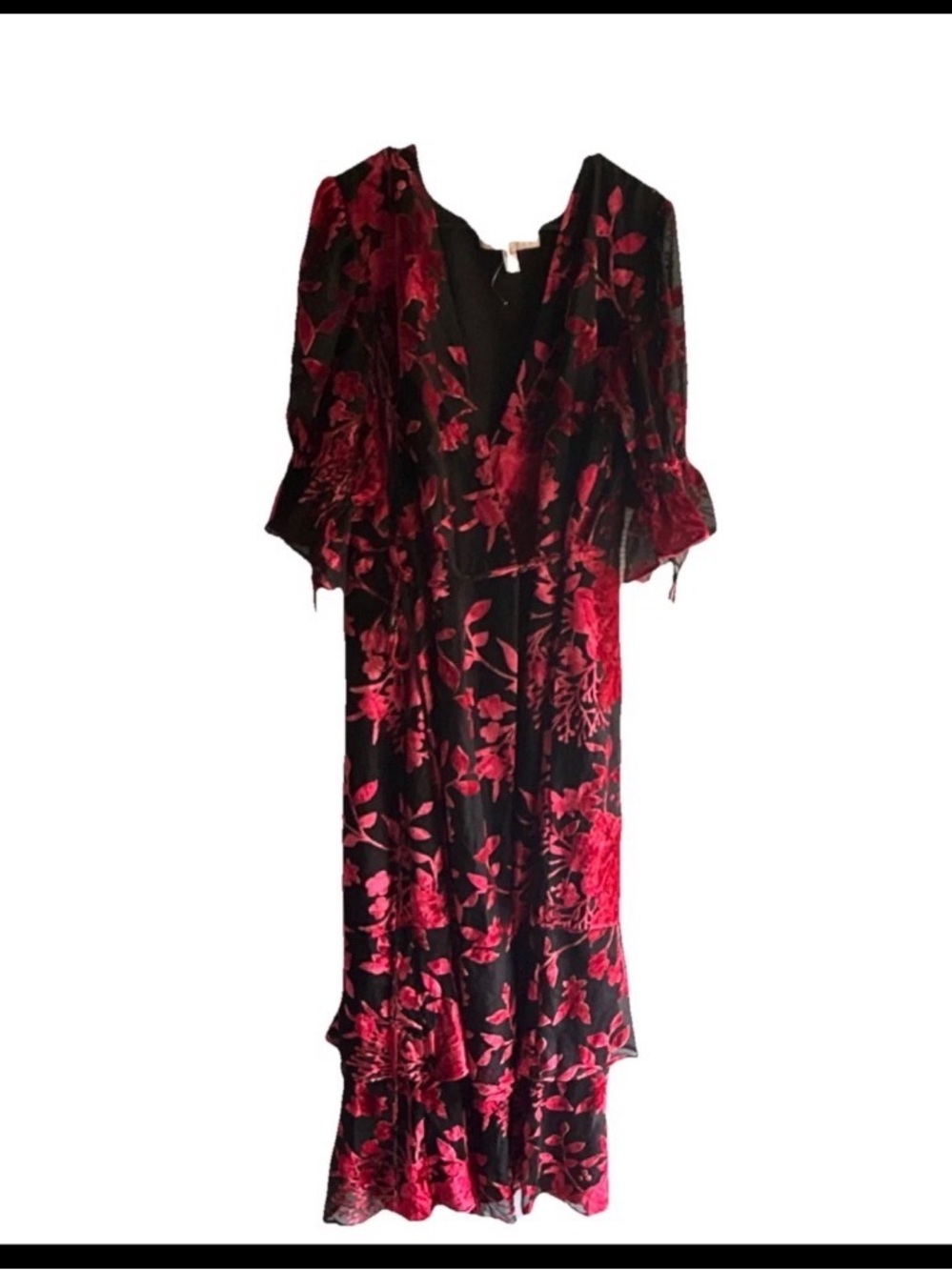 Hutch Black Maxi  Wrap Dress with Red Floral Velvet Burnout